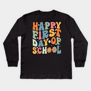 Retro Teacher Shirts Back to School Teacher Shirt Happy First Day of School Shirt for Teachers Back to School Shirt Teacher Gifts First Grade Vibes Kids Long Sleeve T-Shirt